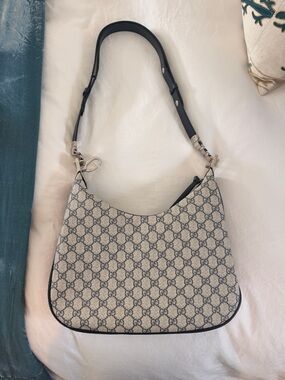 Gucci Beige Monogram Shoulder Bag with blue trim